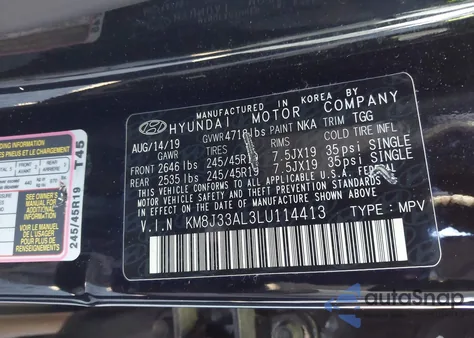 2020 Hyundai Tucson Sport from USA, damaged, VIN KM8J33AL3LU114413